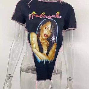 Black Graphic T-Shirt with Pink Trim Featuring Aaliyah